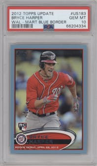 Bryce Harper from the 2012 Topps Update Series set featuring a Blue Border parallel graded by PSA and given an overall grade of 10.