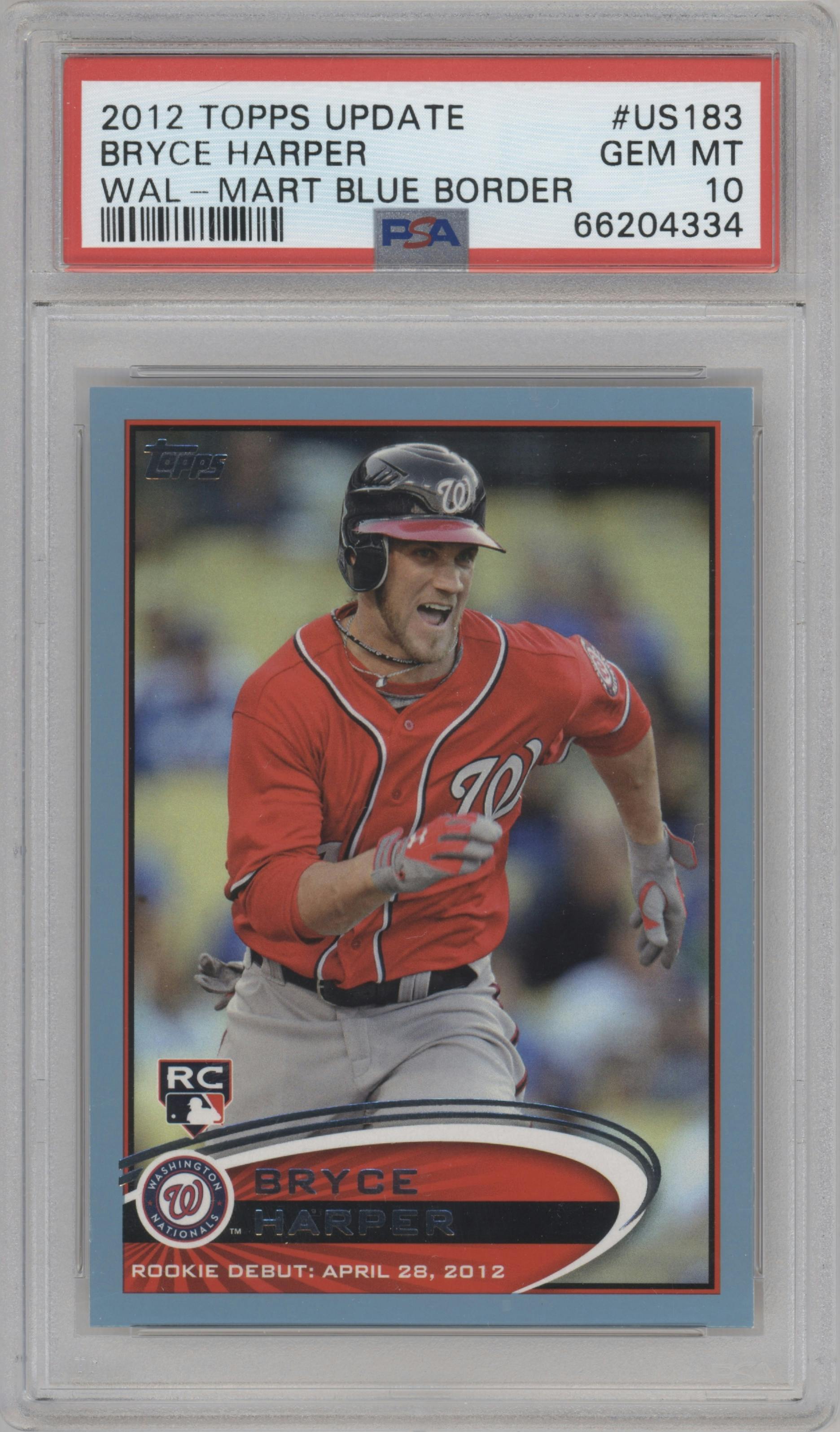 Bryce Harper from the 2012 Topps Update Series set featuring a Blue Border parallel graded by PSA and given an overall grade of 10.
