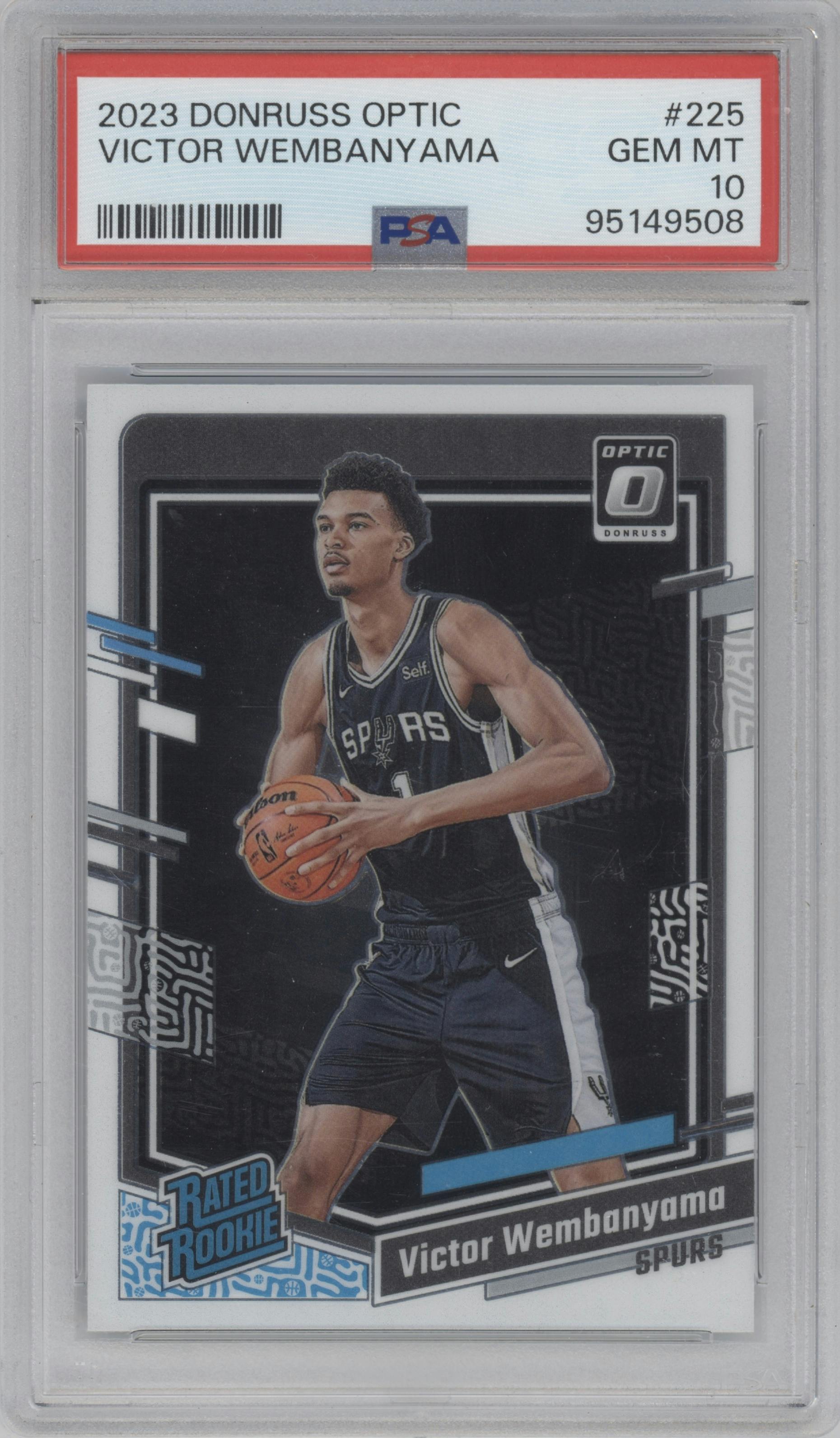 Victor Wembanyama from the 2023-24 Donruss Optic set graded by PSA and given an overall grade of 10.