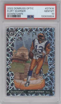 Kurt Warner from the 2022 Panini Donruss Optic set graded by PSA and given an overall grade of 10.