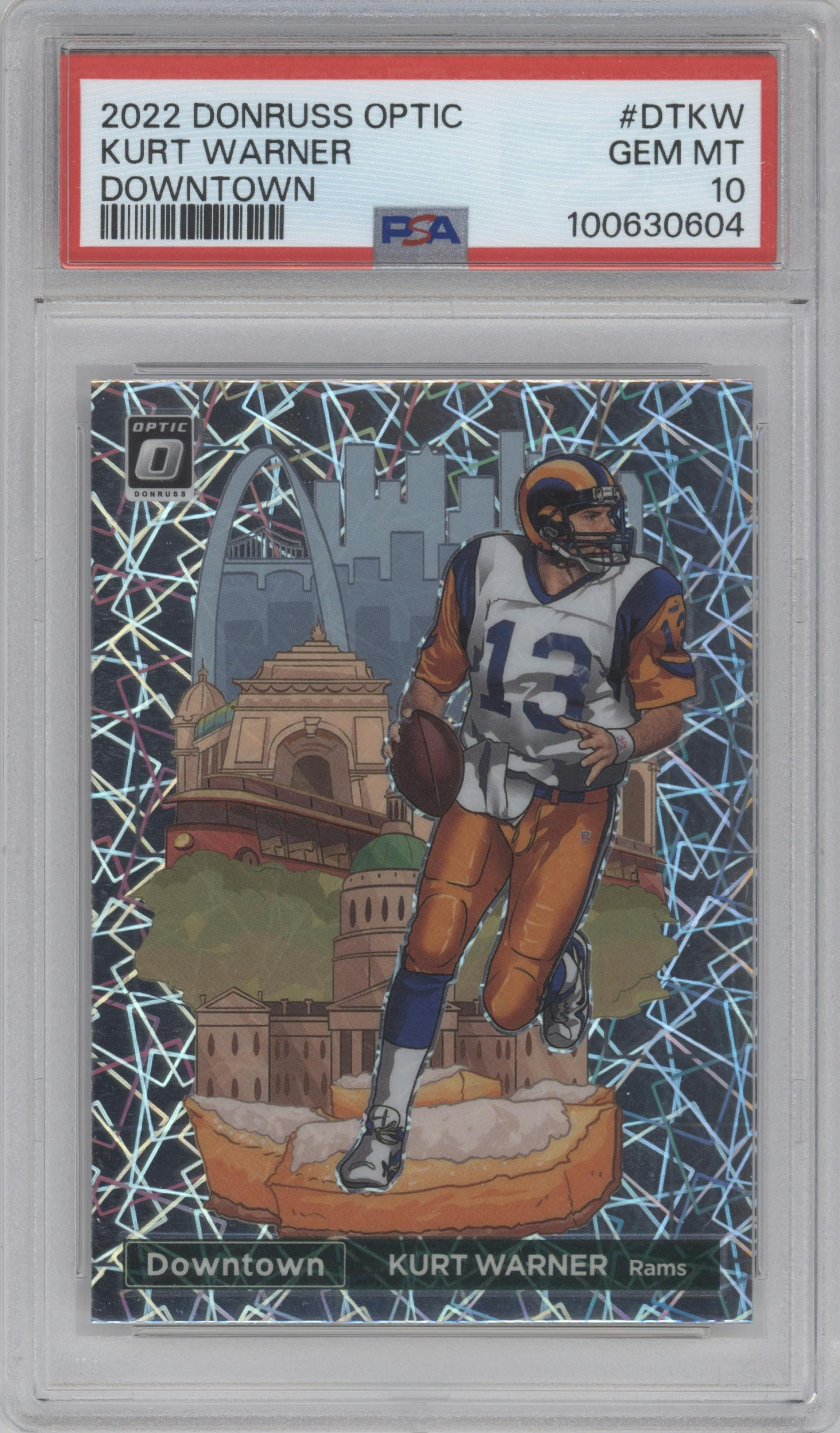 Kurt Warner from the 2022 Panini Donruss Optic set graded by PSA and given an overall grade of 10.