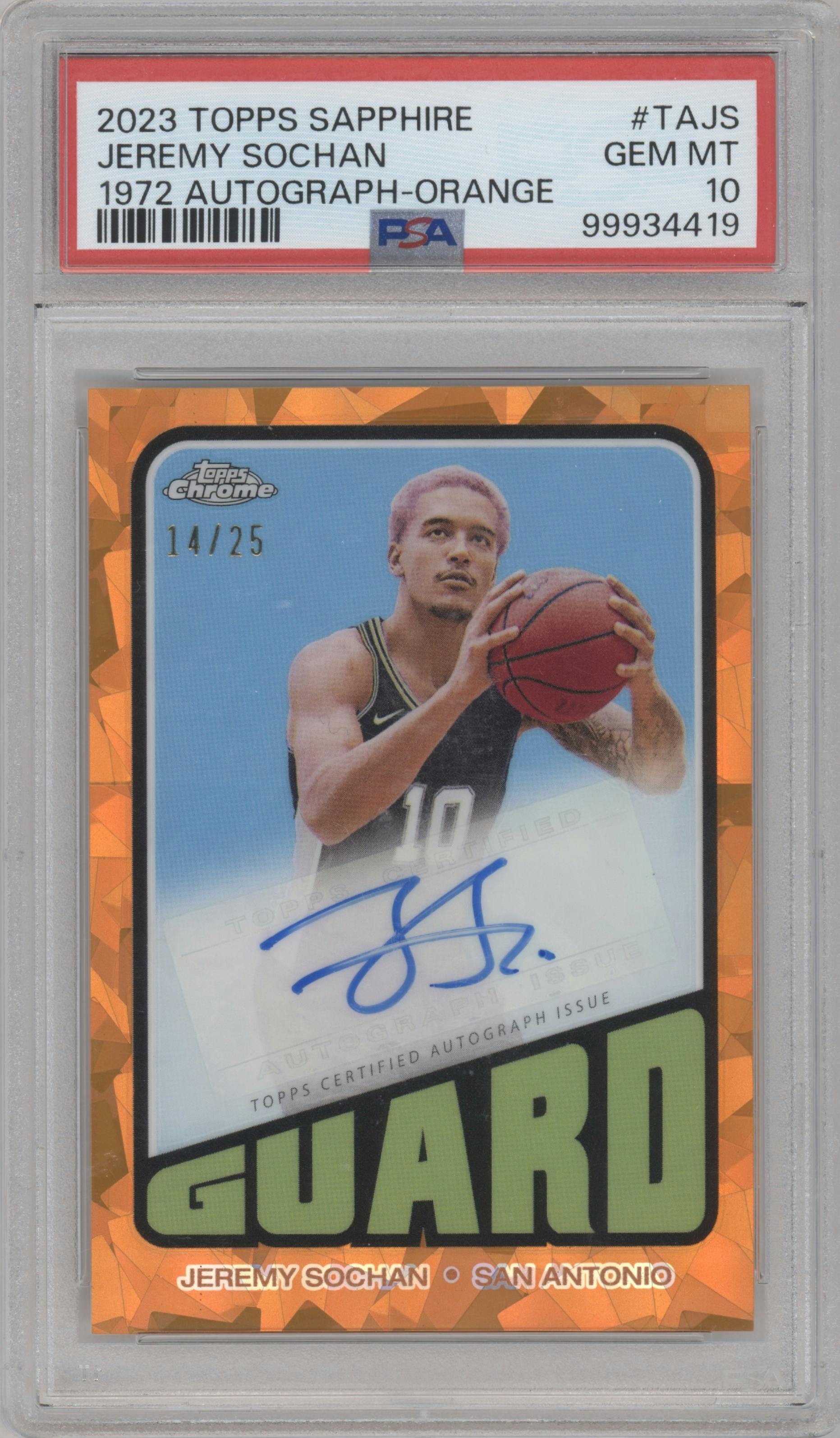 Jeremy Sochan from the 2023-24 Topps Chrome Sapphire set featuring a Orange parallel graded by PSA and given an overall grade of 10.