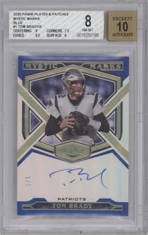 Tom Brady from the 2020 Panini Plates & Patches set featuring a Blue parallel graded by Beckett and given an overall grade of 8.