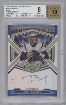 Tom Brady from the 2020 Panini Plates & Patches set featuring a Blue parallel graded by Beckett and given an overall grade of 8.