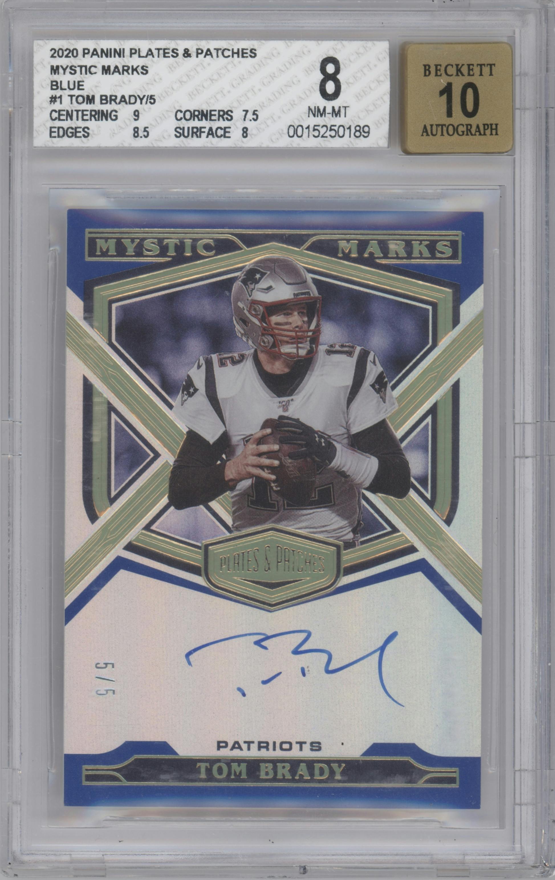 Tom Brady from the 2020 Panini Plates & Patches set featuring a Blue parallel graded by Beckett and given an overall grade of 8.