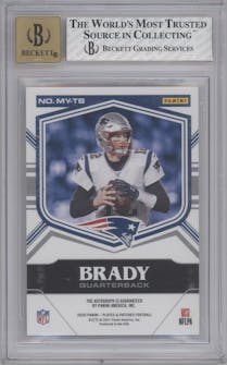 Tom Brady from the 2020 Panini Plates & Patches set featuring a Blue parallel graded by Beckett and given an overall grade of 8.