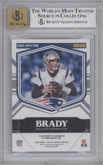 Tom Brady from the 2020 Panini Plates & Patches set featuring a Blue parallel graded by Beckett and given an overall grade of 8.
