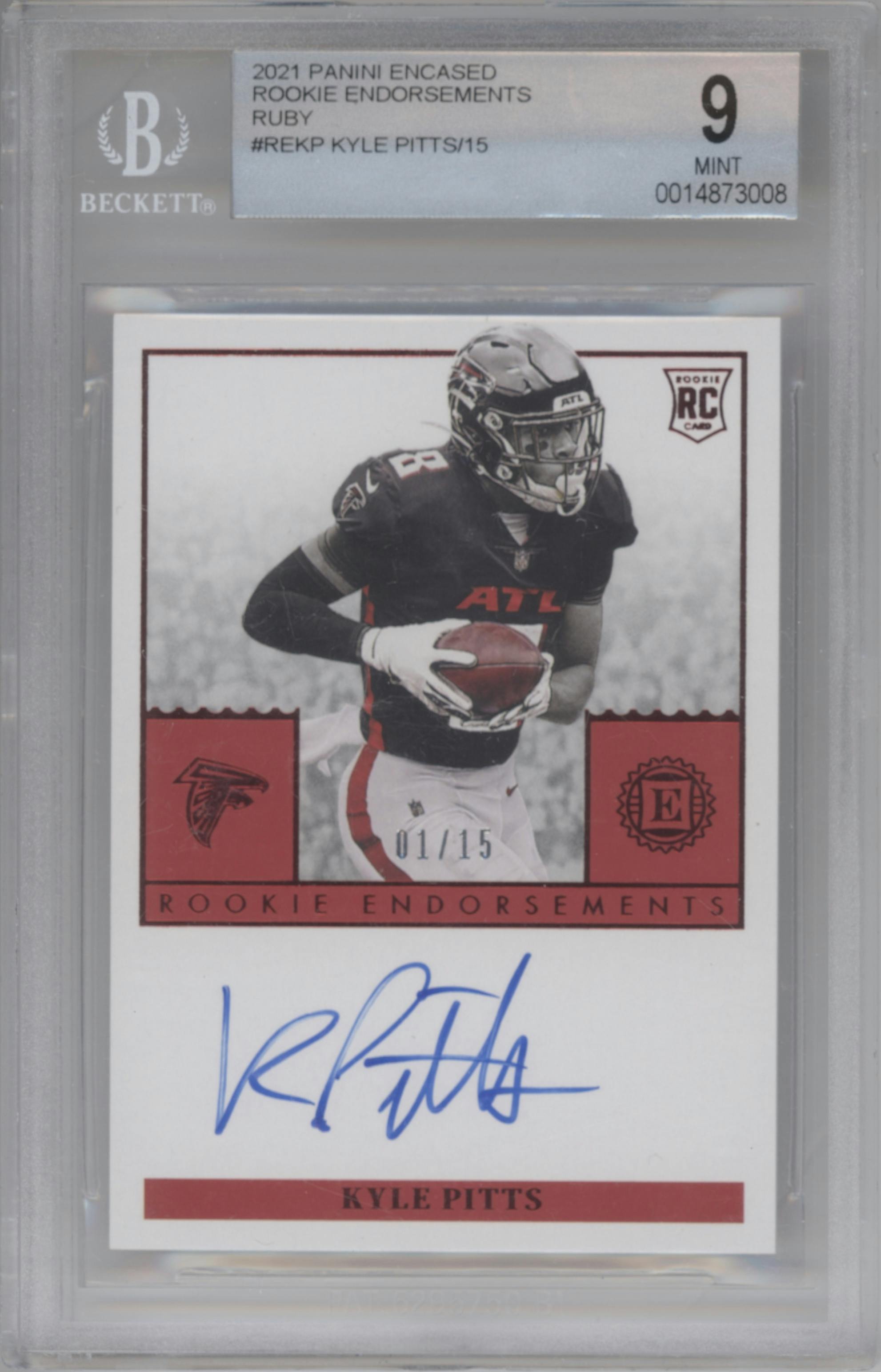 Kyle Pitts from the 2021 Panini Encased set featuring a Ruby parallel graded by Beckett and given an overall grade of 9.