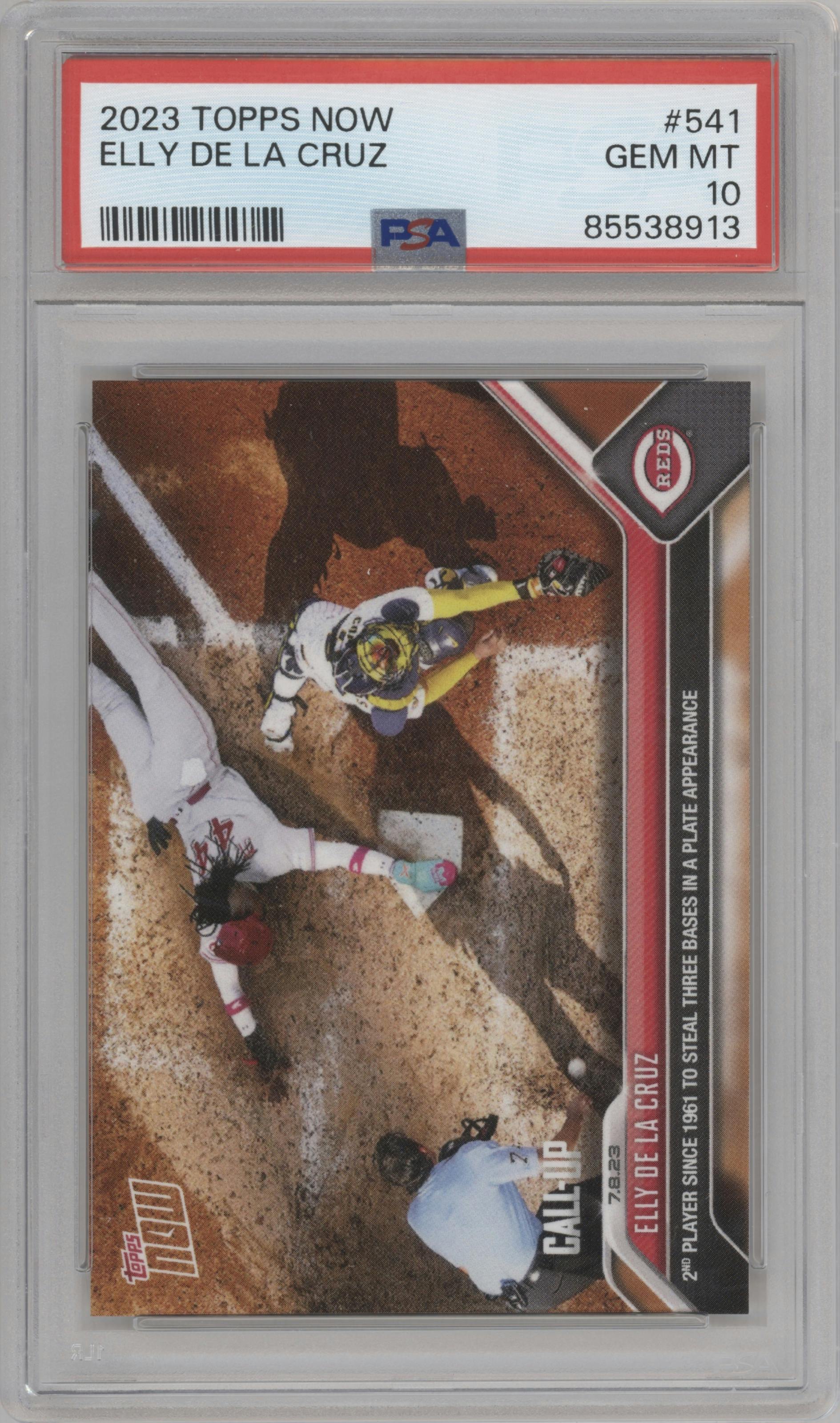 Elly De La Cruz from the 2023 Topps Now set graded by PSA and given an overall grade of 10.