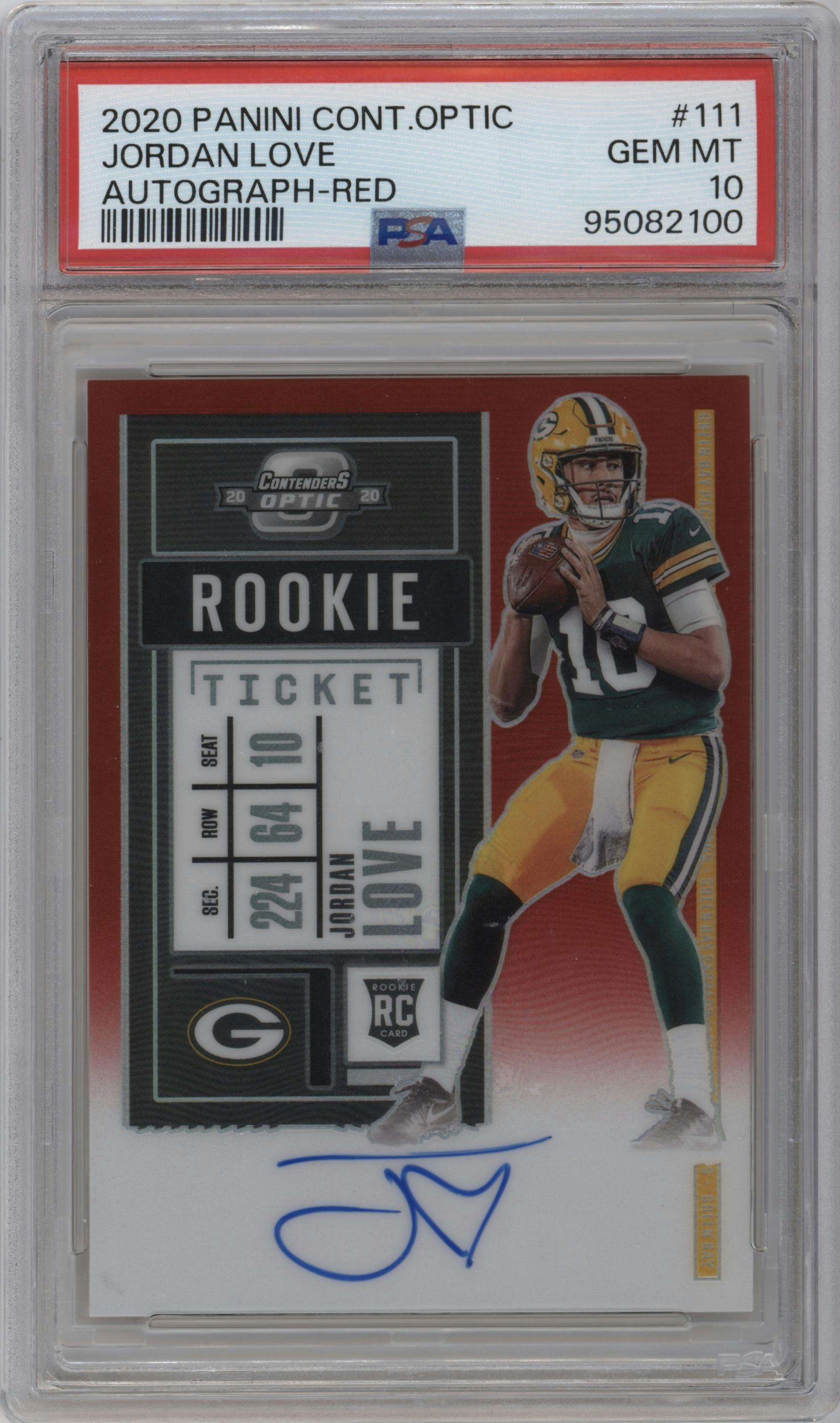 Jordan Love from the 2020 Panini Contenders Optic set featuring a Red parallel graded by PSA and given an overall grade of 10.