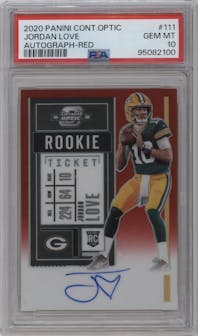 Jordan Love from the 2020 Panini Contenders Optic set featuring a Red parallel graded by PSA and given an overall grade of 10.