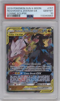 Reshiram/Zekrom GX from the 2019 Pokemon S&M  set graded by PSA and given an overall grade of 10.
