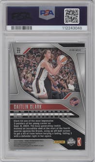 Caitlin Clark from the 2024 Panini Prizm WNBA set featuring a Blue Velocity parallel graded by PSA and given an overall grade of 10.