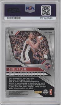 Caitlin Clark from the 2024 Panini Prizm WNBA set featuring a Blue Velocity parallel graded by PSA and given an overall grade of 10.