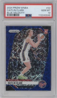 Caitlin Clark from the 2024 Panini Prizm WNBA set featuring a Blue Velocity parallel graded by PSA and given an overall grade of 10.