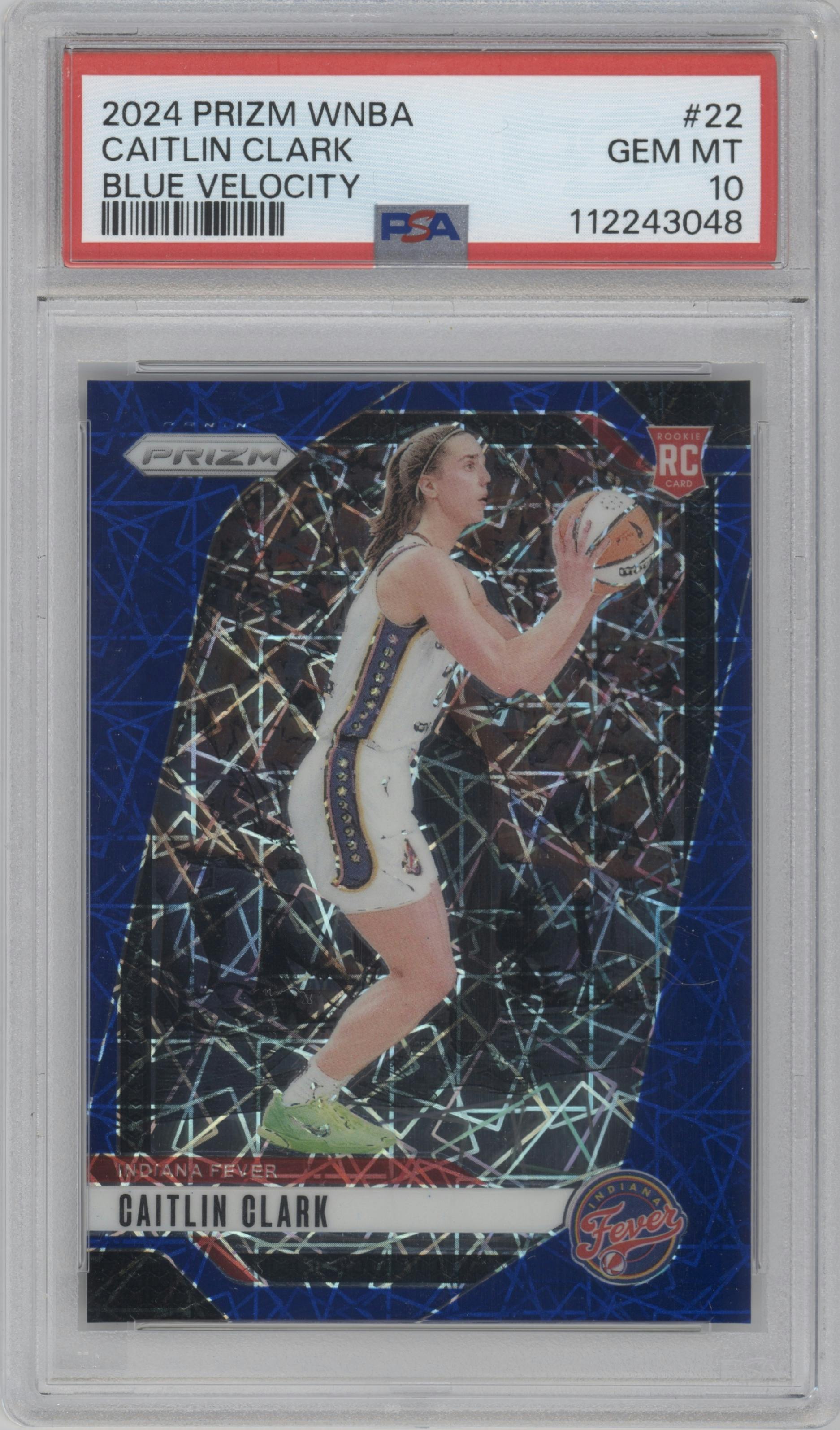 Caitlin Clark from the 2024 Panini Prizm WNBA set featuring a Blue Velocity parallel graded by PSA and given an overall grade of 10.
