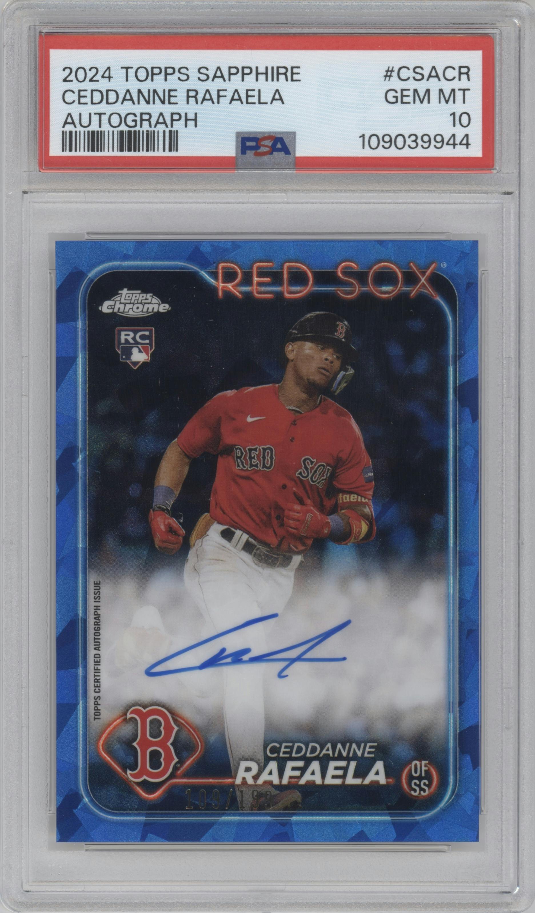 Ceddanne Rafaela from the 2024 Topps Chrome Sapphire set graded by PSA and given an overall grade of 10.