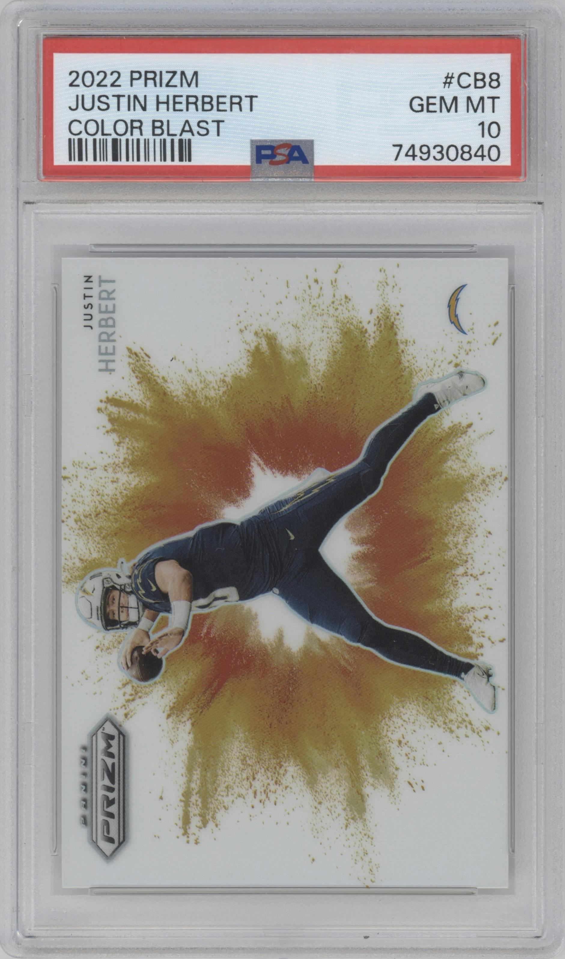 Justin Herbert from the 2022 Panini Prizm set graded by PSA and given an overall grade of 10.