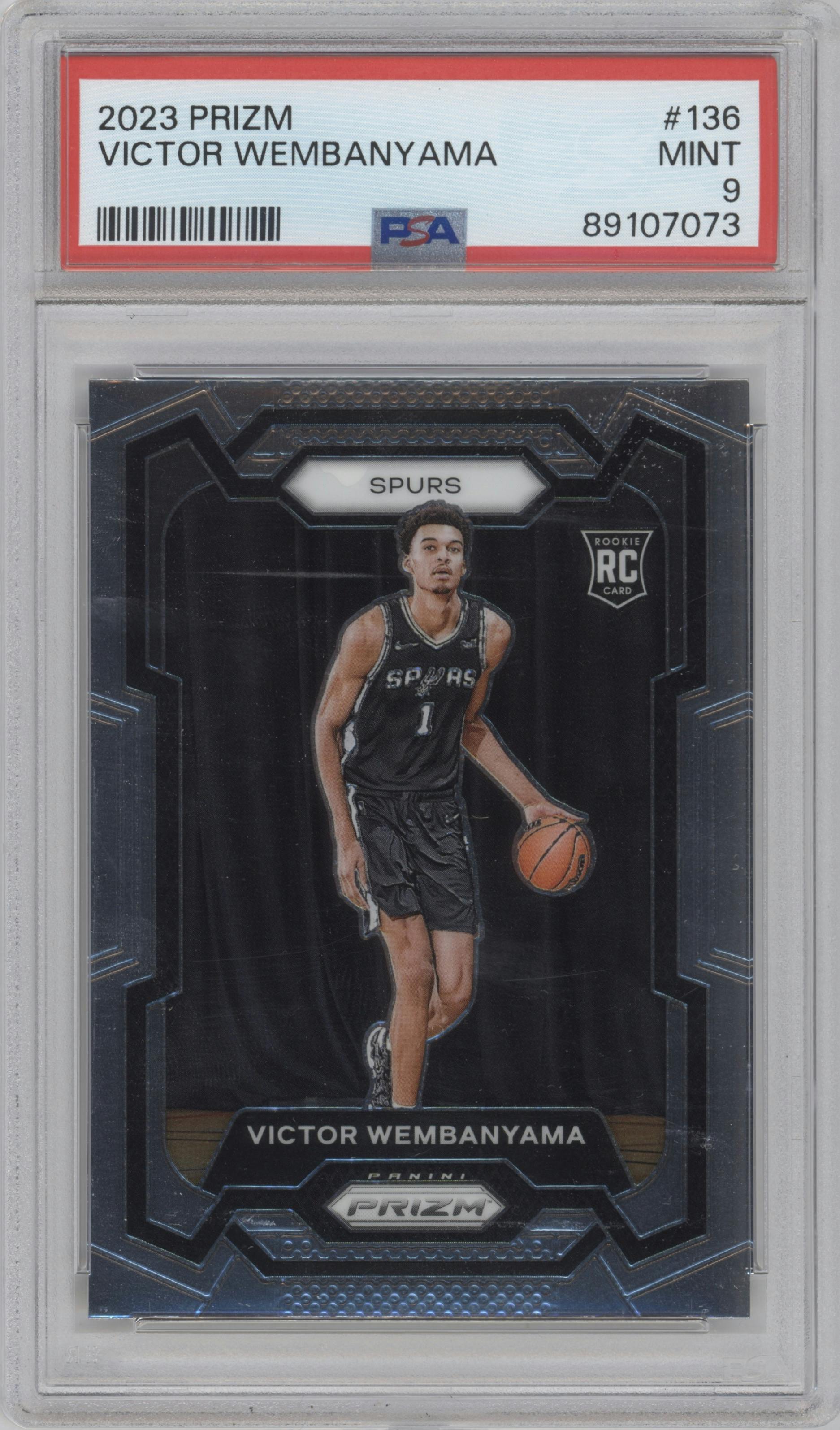 Victor Wembanyama from the 2023-24 Panini Prizm set graded by PSA and given an overall grade of 9.