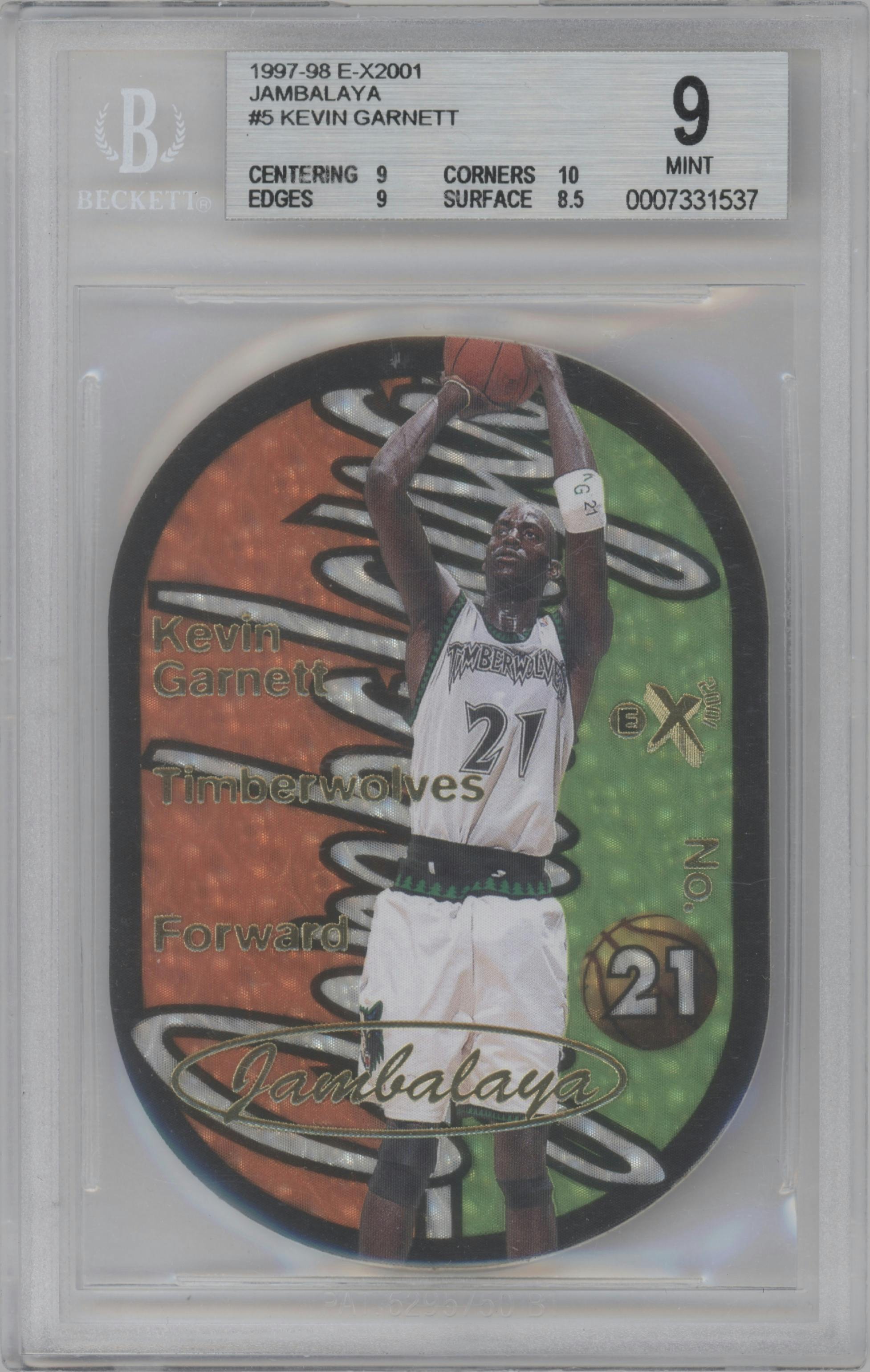 Kevin Garnett from the 1997-98 Skybox E-X 2001 set graded by Beckett and given an overall grade of 9.