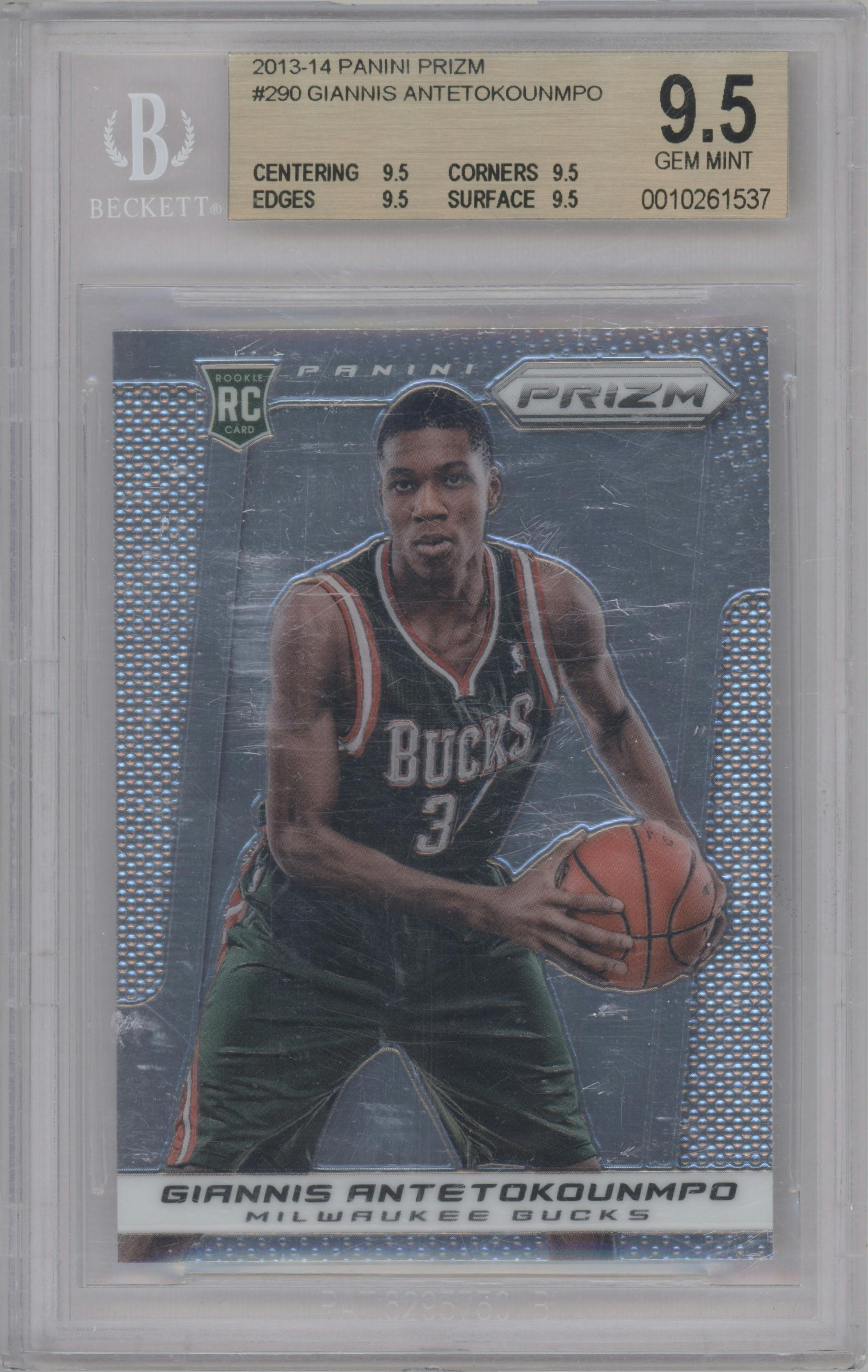 Giannis Antetokounmpo from the 2013-14 Panini Prizm set graded by Beckett and given an overall grade of 9.5.