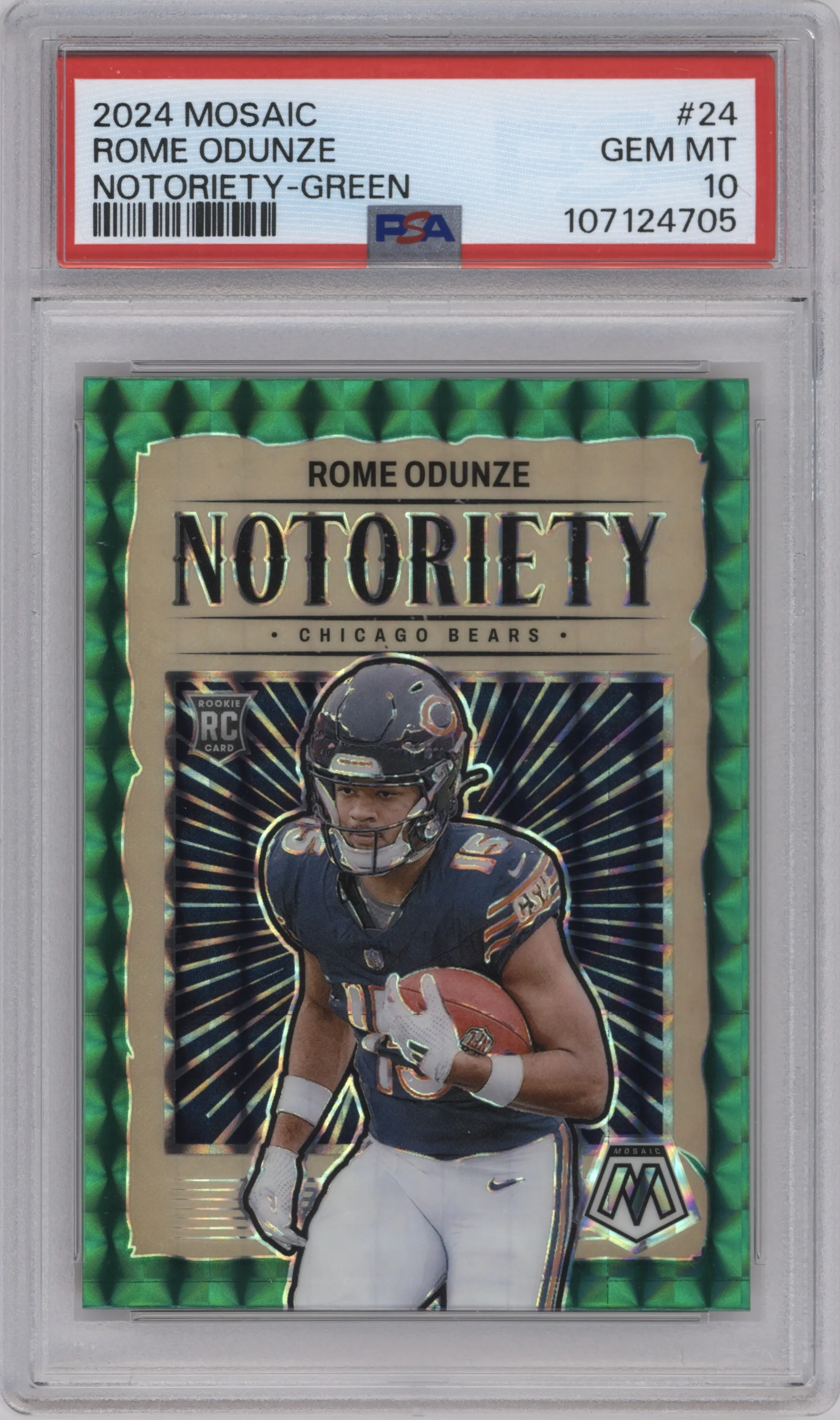 Rome Odunze from the 2024 Panini Mosaic set featuring a Green Mosaic parallel graded by PSA and given an overall grade of 10.