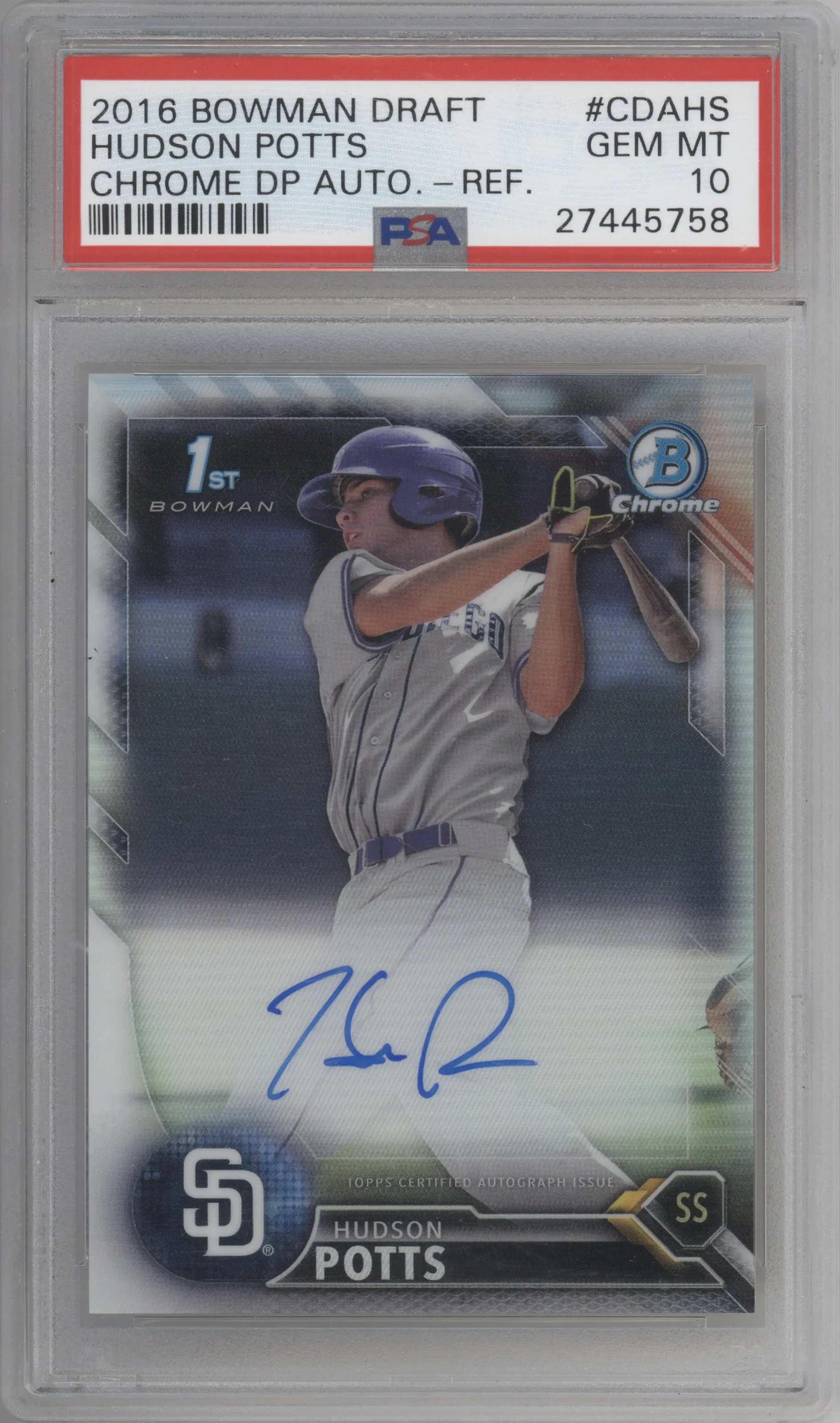 2016 Bowman Draft Chr.Auto Hudson Potts Refractor #CDA-HS PSA 10