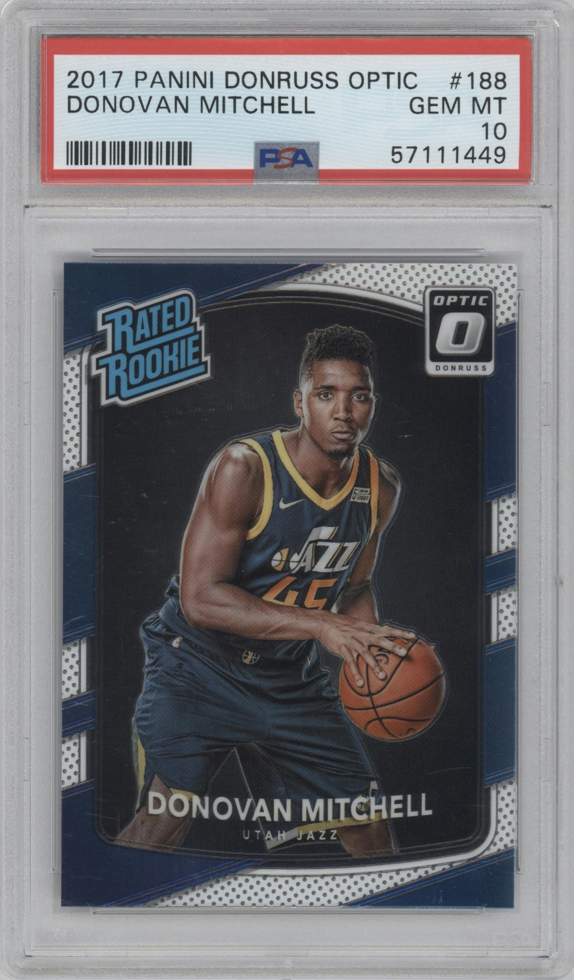 Donovan Mitchell from the 2017-18 Panini Donruss Optic set graded by PSA and given an overall grade of 10.