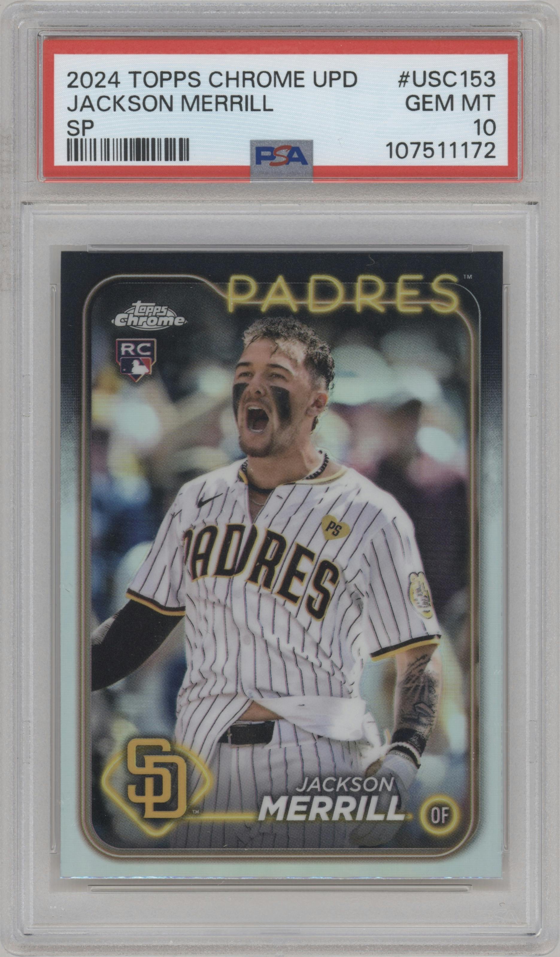 Jackson Merrill from the 2024 Topps Chrome Update set graded by PSA and given an overall grade of 10.