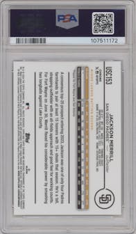 Jackson Merrill from the 2024 Topps Chrome Update set graded by PSA and given an overall grade of 10.