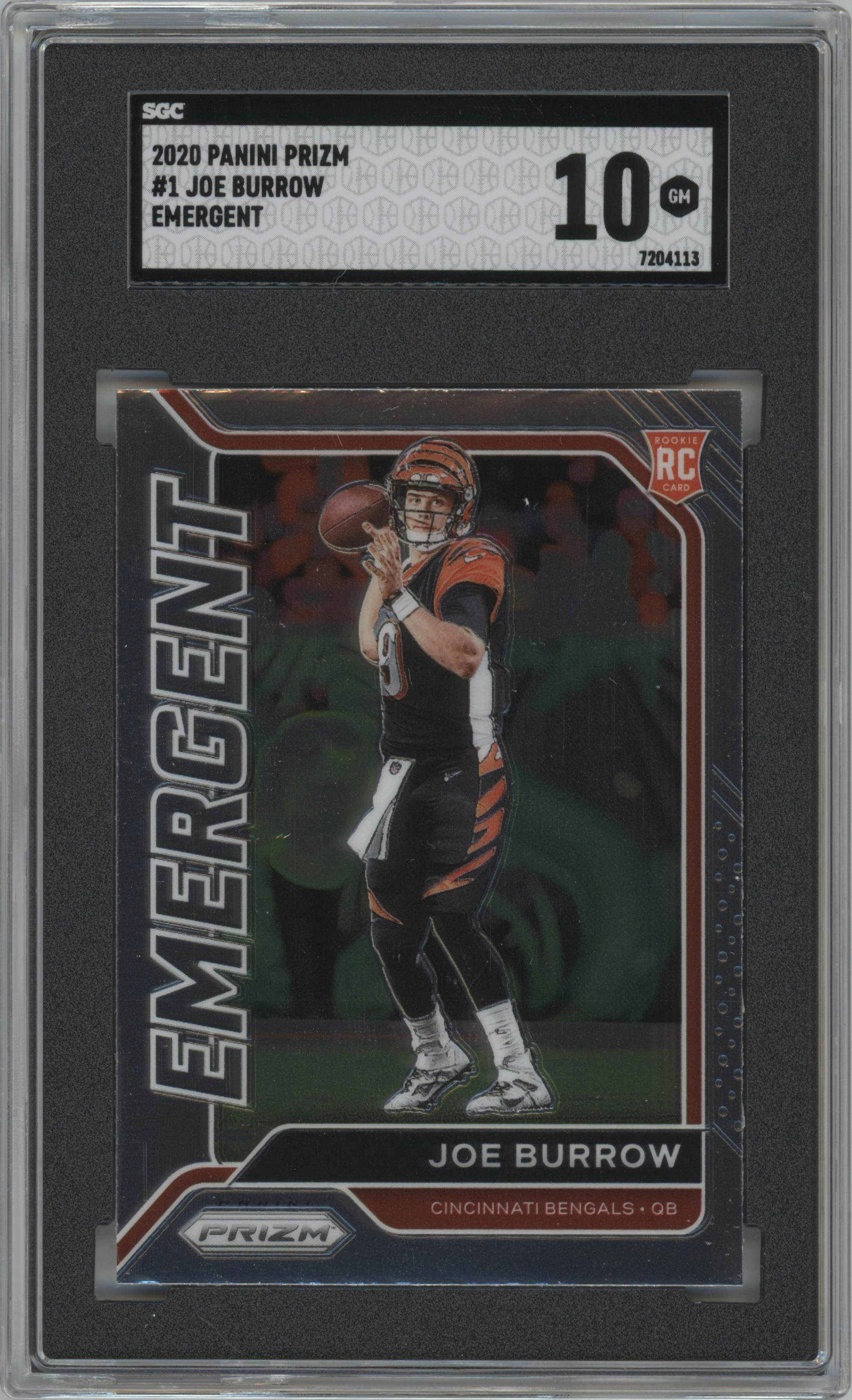 Joe Burrow from the 2020 Panini Prizm set graded by SGC and given an overall grade of 10.
