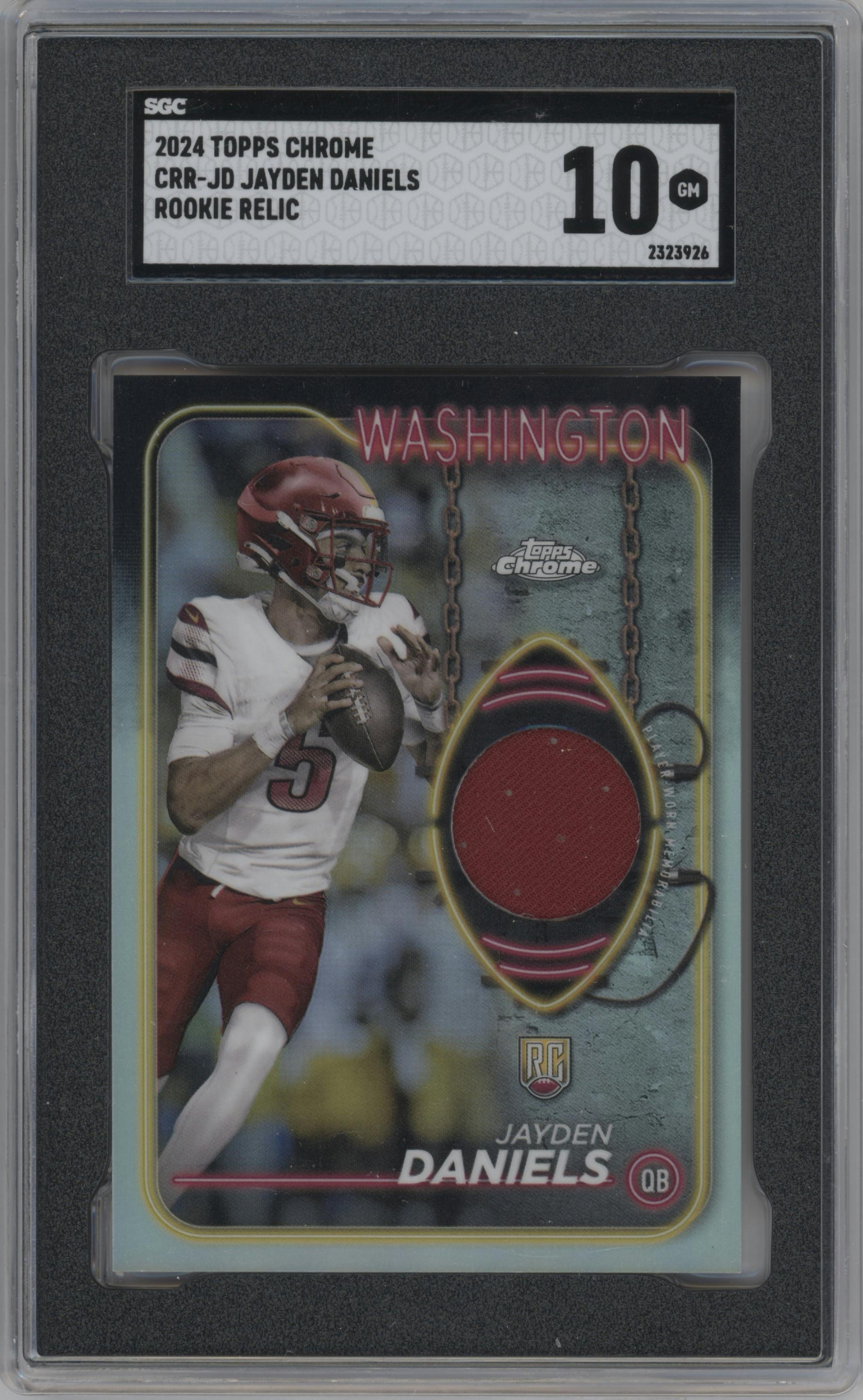 Jayden Daniels from the 2024 Topps Chrome set graded by SGC and given an overall grade of 10.