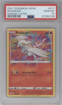 Reshiram from the 2021 Pokemon SWSH set graded by PSA and given an overall grade of 10.
