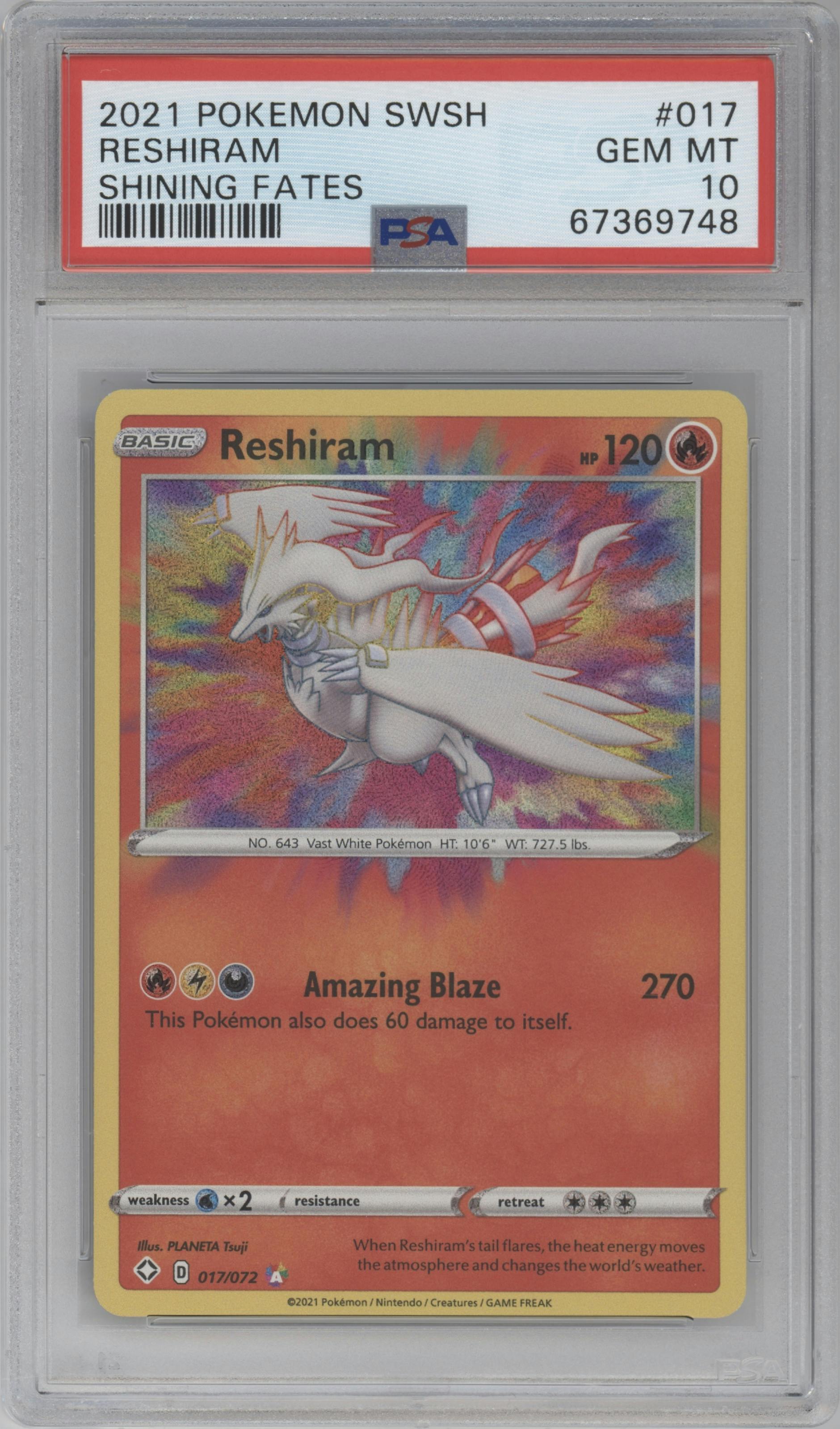Reshiram from the 2021 Pokemon SWSH set graded by PSA and given an overall grade of 10.