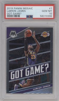 LeBron James from the 2019-20 Panini Mosaic  set graded by PSA and given an overall grade of 10.