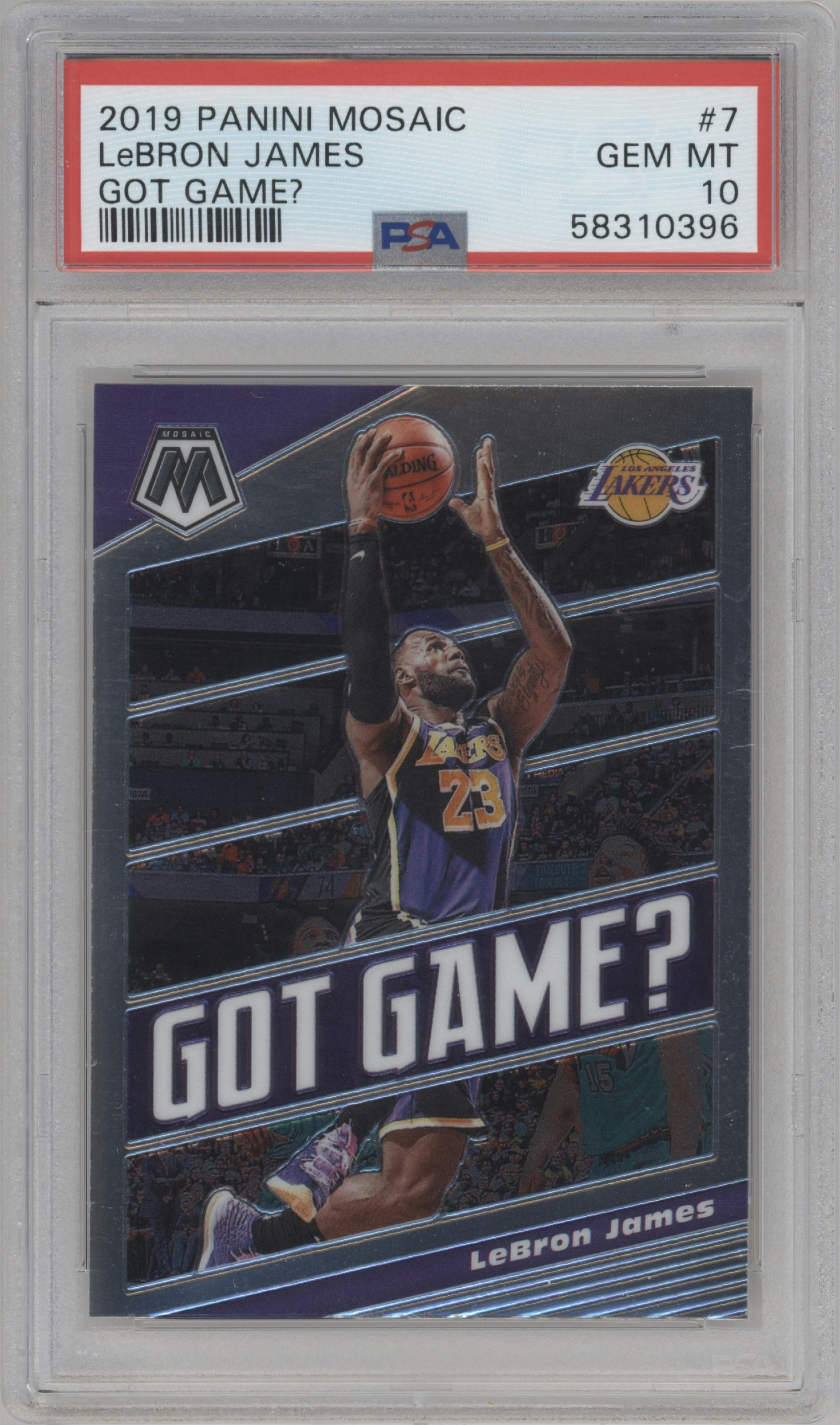 LeBron James from the 2019-20 Panini Mosaic  set graded by PSA and given an overall grade of 10.