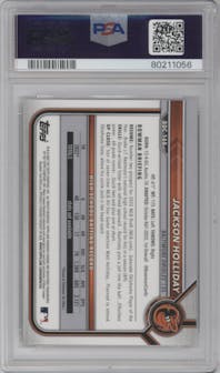 Jackson Holliday from the 2022 Bowman Draft set graded by PSA and given an overall grade of 10.