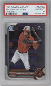 Jackson Holliday from the 2022 Bowman Draft set graded by PSA and given an overall grade of 10.