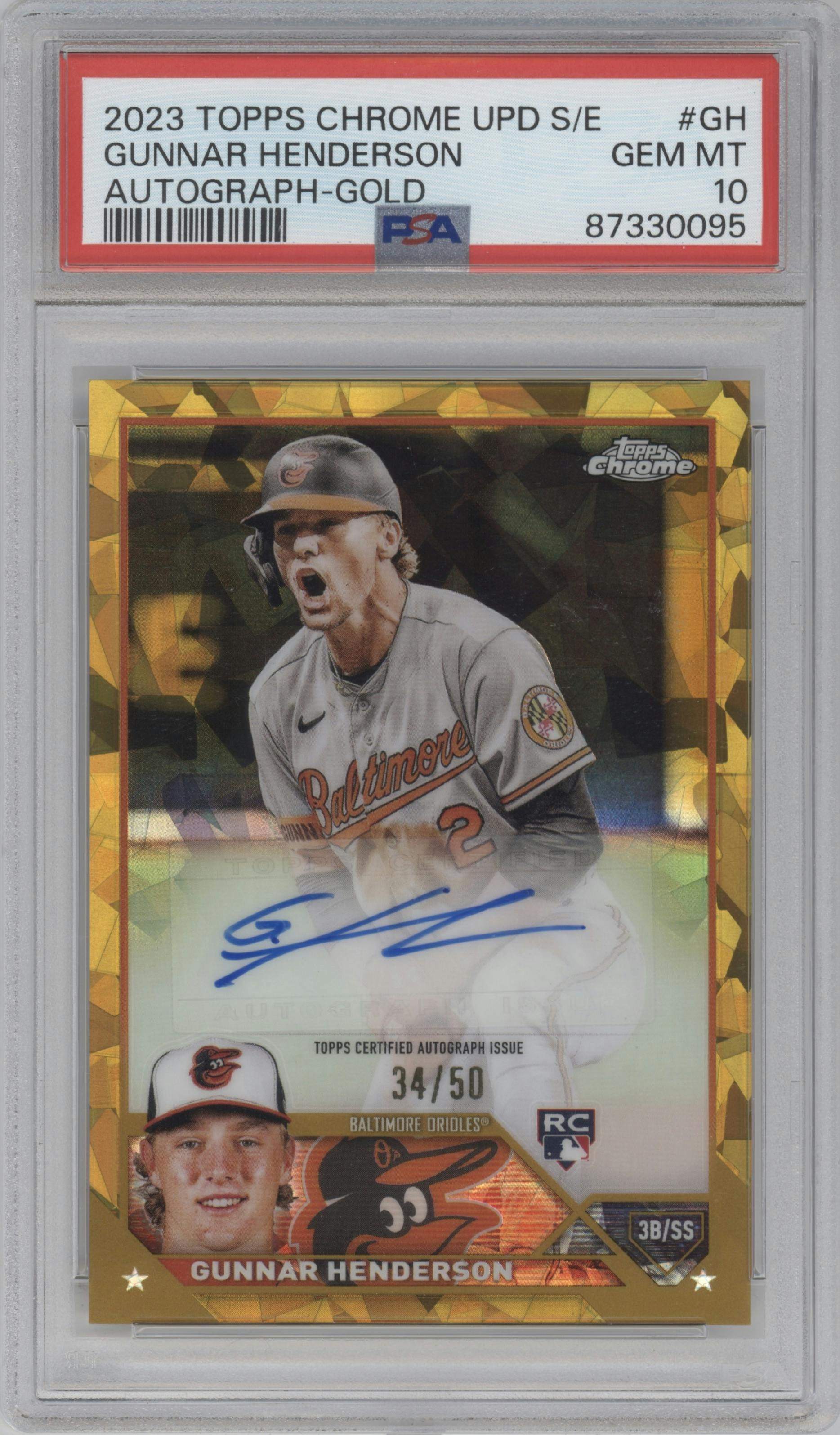 Gunnar Henderson from the 2023 Topps Chrome Update Series Sapphire Edition set featuring a Gold parallel graded by PSA and given an overall grade of 10.