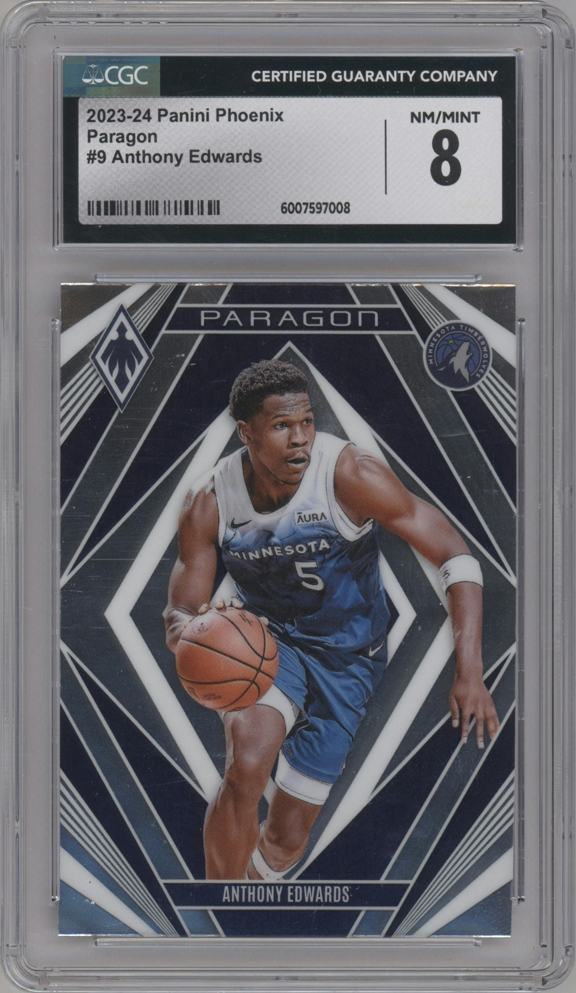 Anthony Edwards from the 2023-24 Panini Phoenix set graded by SGC and given an overall grade of 8.