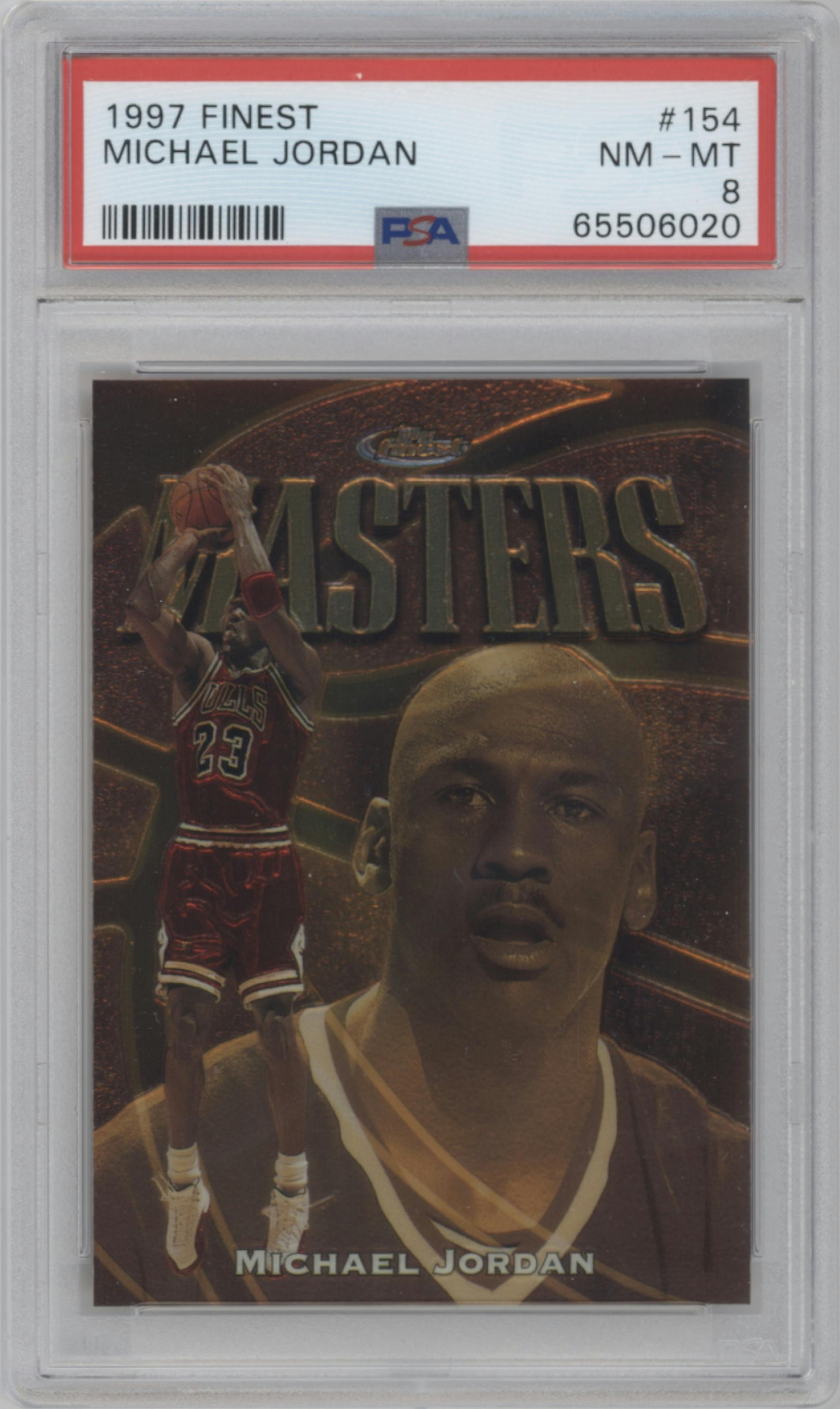 Michael Jordan from the 1997-98 Topps Finest set graded by PSA and given an overall grade of 8.