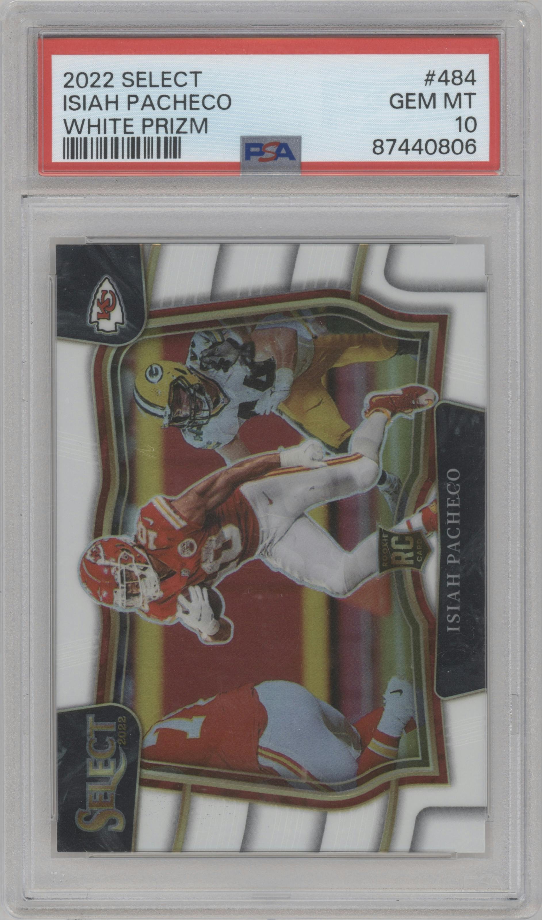 Isiah Pacheco from the 2022 Panini Select set featuring a White Prizm parallel graded by PSA and given an overall grade of 10.