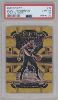 Scoot Henderson from the 2023-24 Panini Select  set featuring a Gold Glitter parallel graded by PSA and given an overall grade of 10.