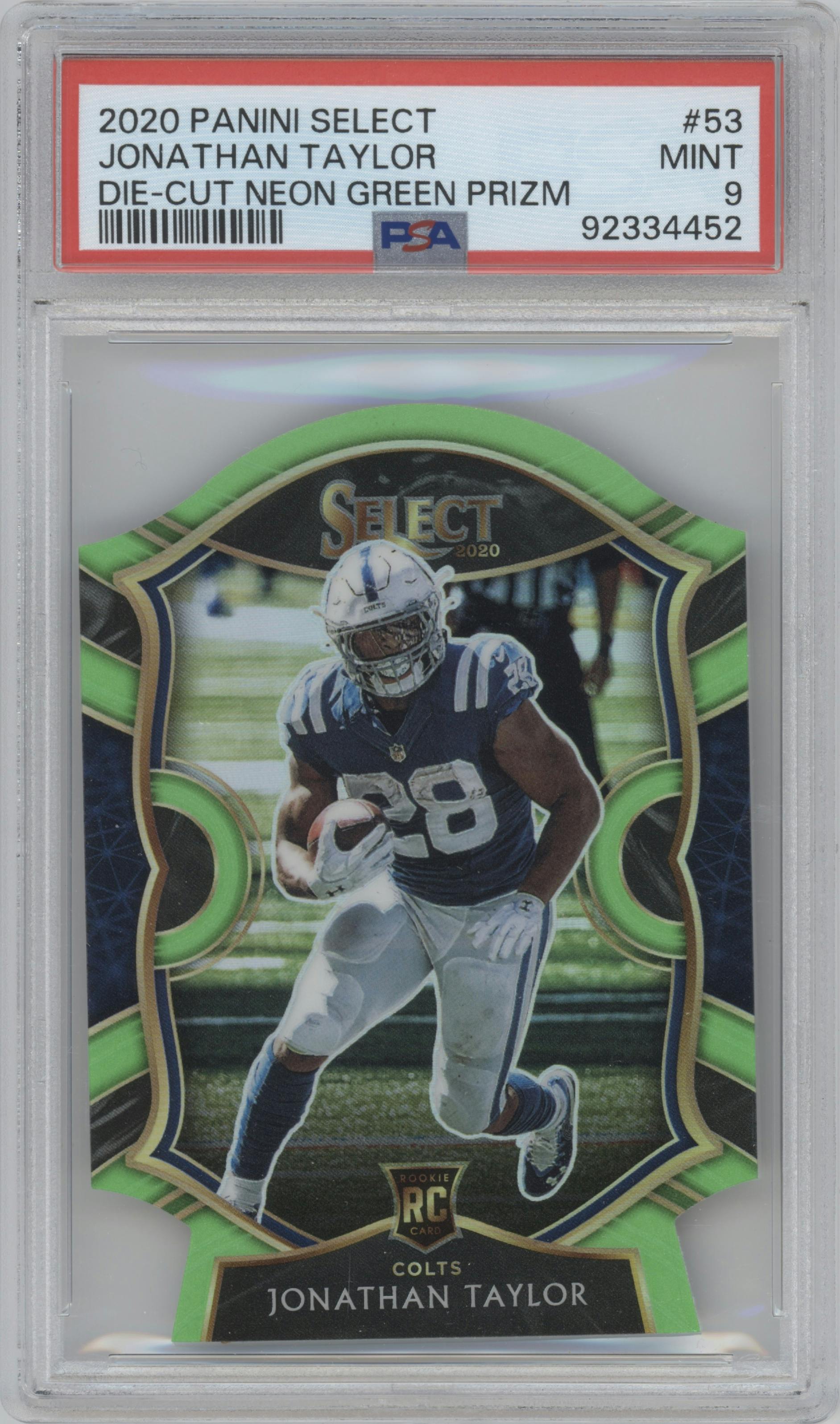 Jonathan Taylor from the 2020 Panini Select set featuring a Die-Cut Neon Green parallel graded by PSA and given an overall grade of 9.
