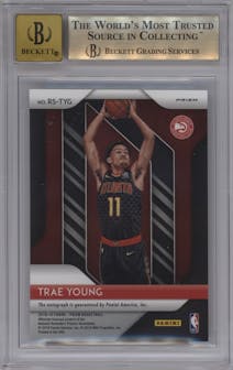 Trae Young from the 2018-19 Panini Prizm set featuring a Silver Prizm parallel graded by Beckett and given an overall grade of 9.5.