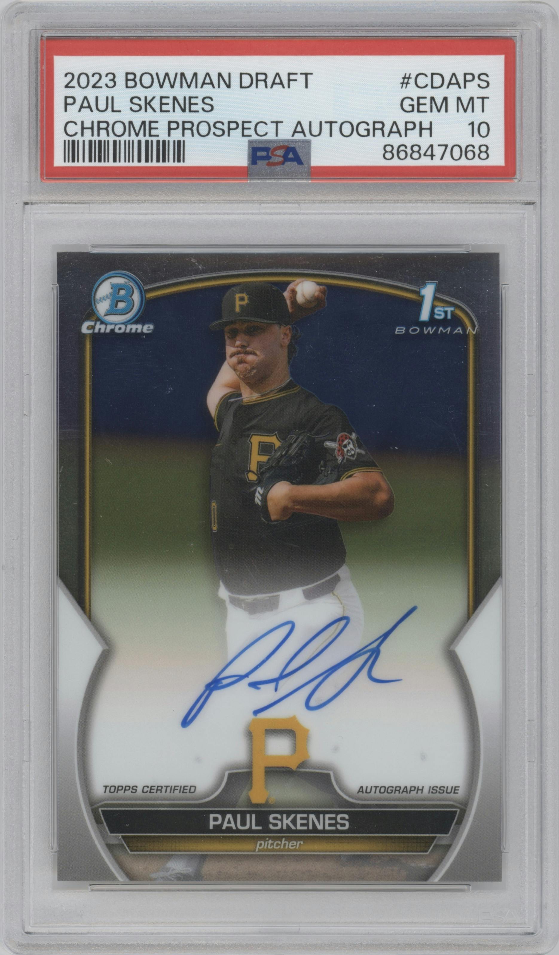 Paul Skenes from the 2023 Bowman Draft set graded by PSA and given an overall grade of 10.