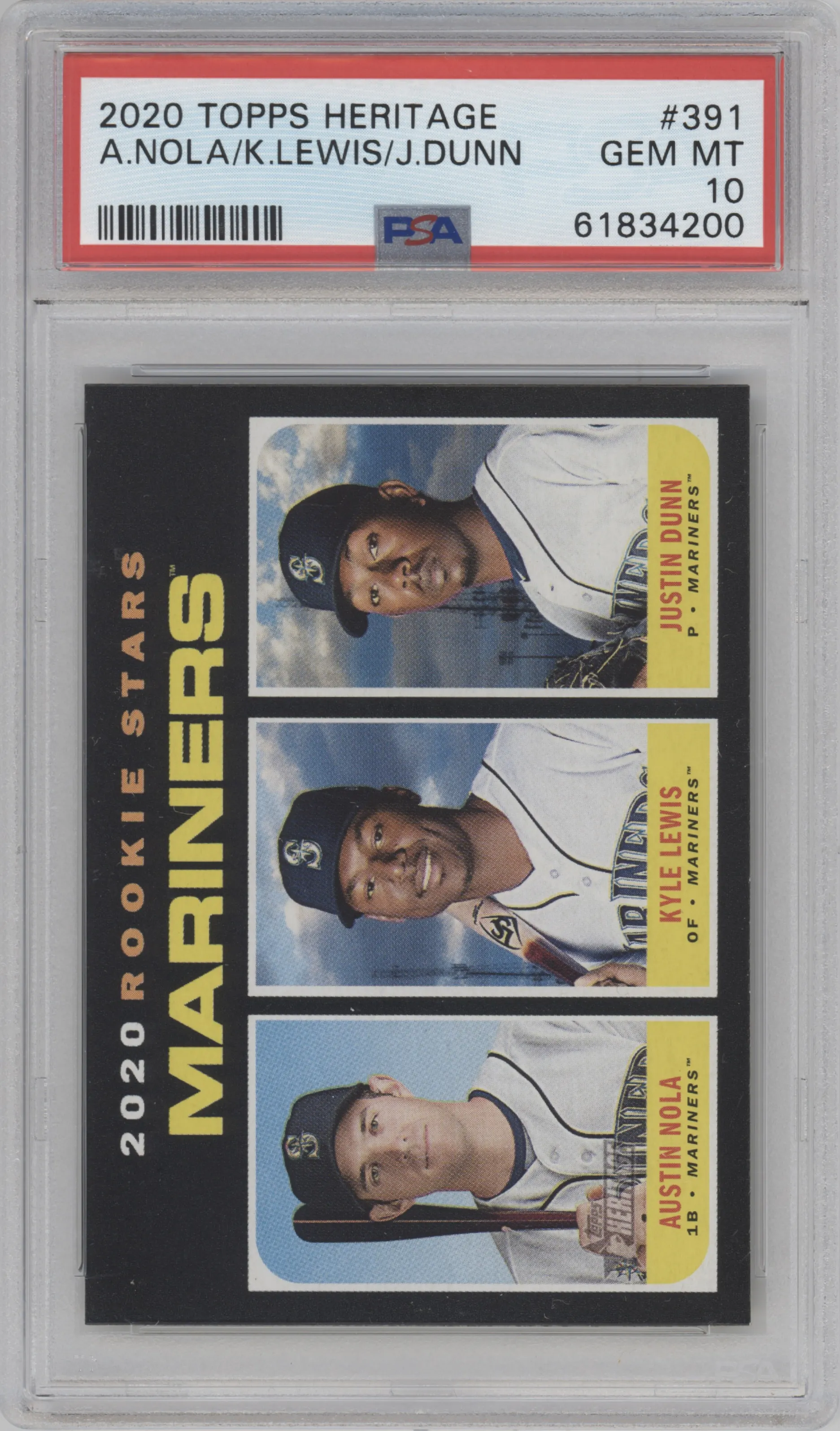 2020 Topps Heritage Austin Nola/Kyle Lewis/Justin Dunn #391 PSA 10