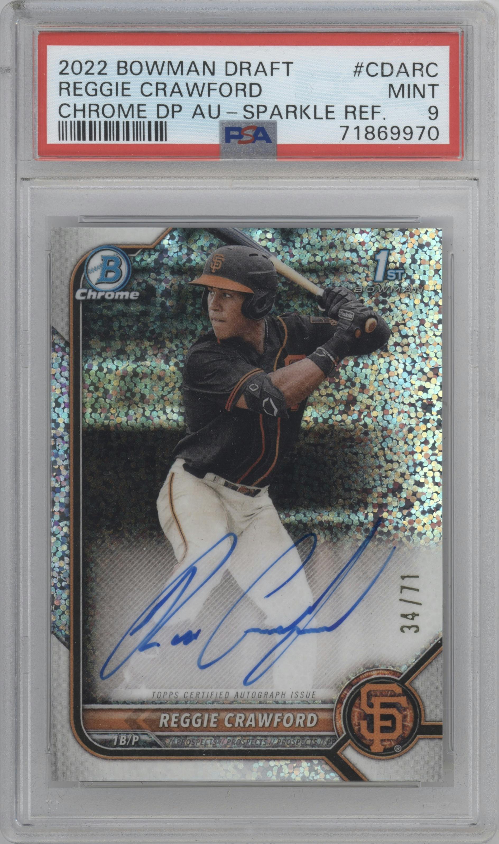 Reggie Crawford  from the 2022 Bowman Draft set featuring a Sparkle Refractor parallel graded by PSA and given an overall grade of 9.