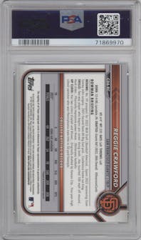 Reggie Crawford  from the 2022 Bowman Draft set featuring a Sparkle Refractor parallel graded by PSA and given an overall grade of 9.