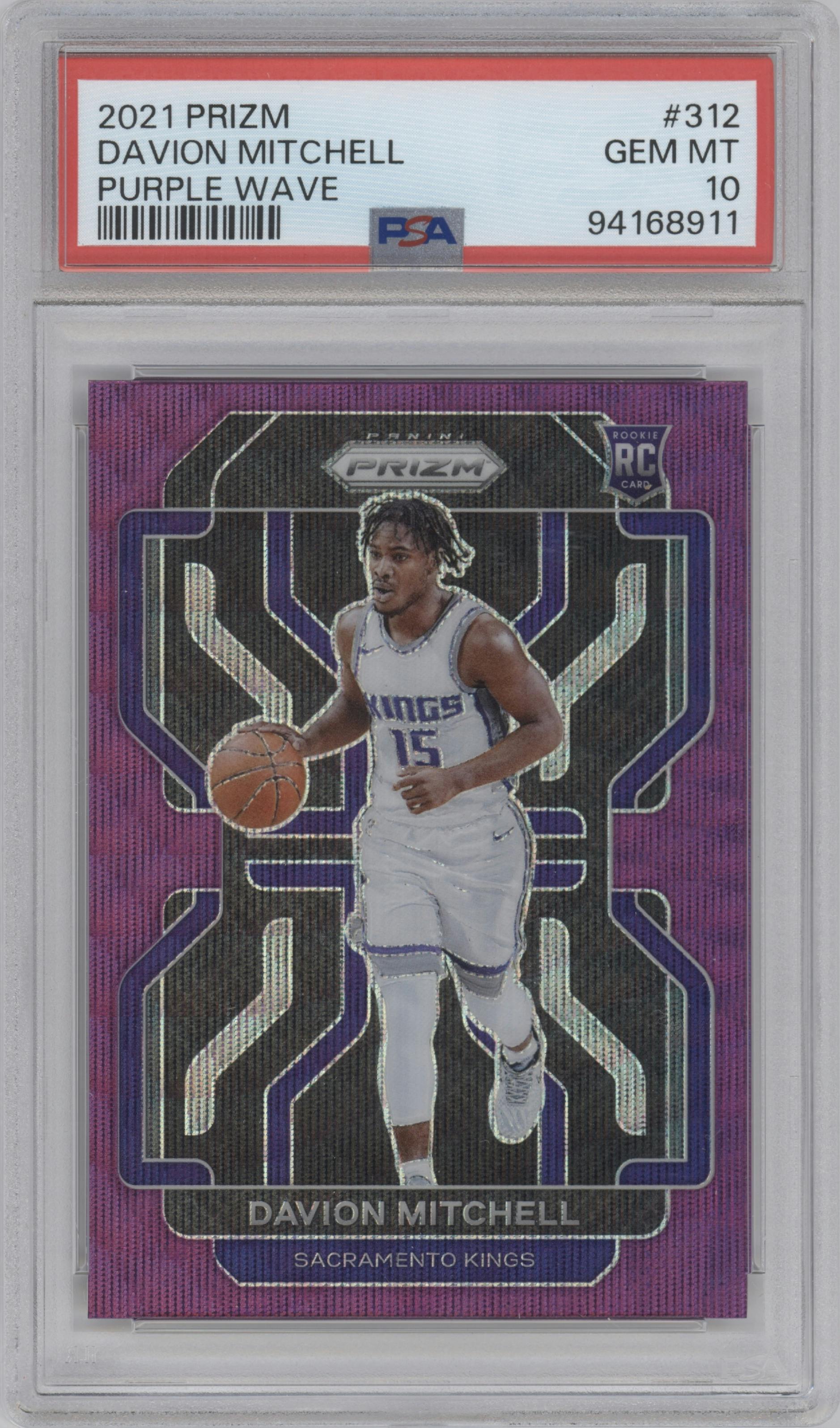 Davion Mitchell from the 2021-22 Panini Prizm  set featuring a Purple Wave parallel graded by PSA and given an overall grade of 10.